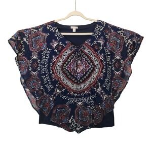Westport 1962 Navy Paisley Rhinestone Layered Poncho Blouse XL Boho Tie Front